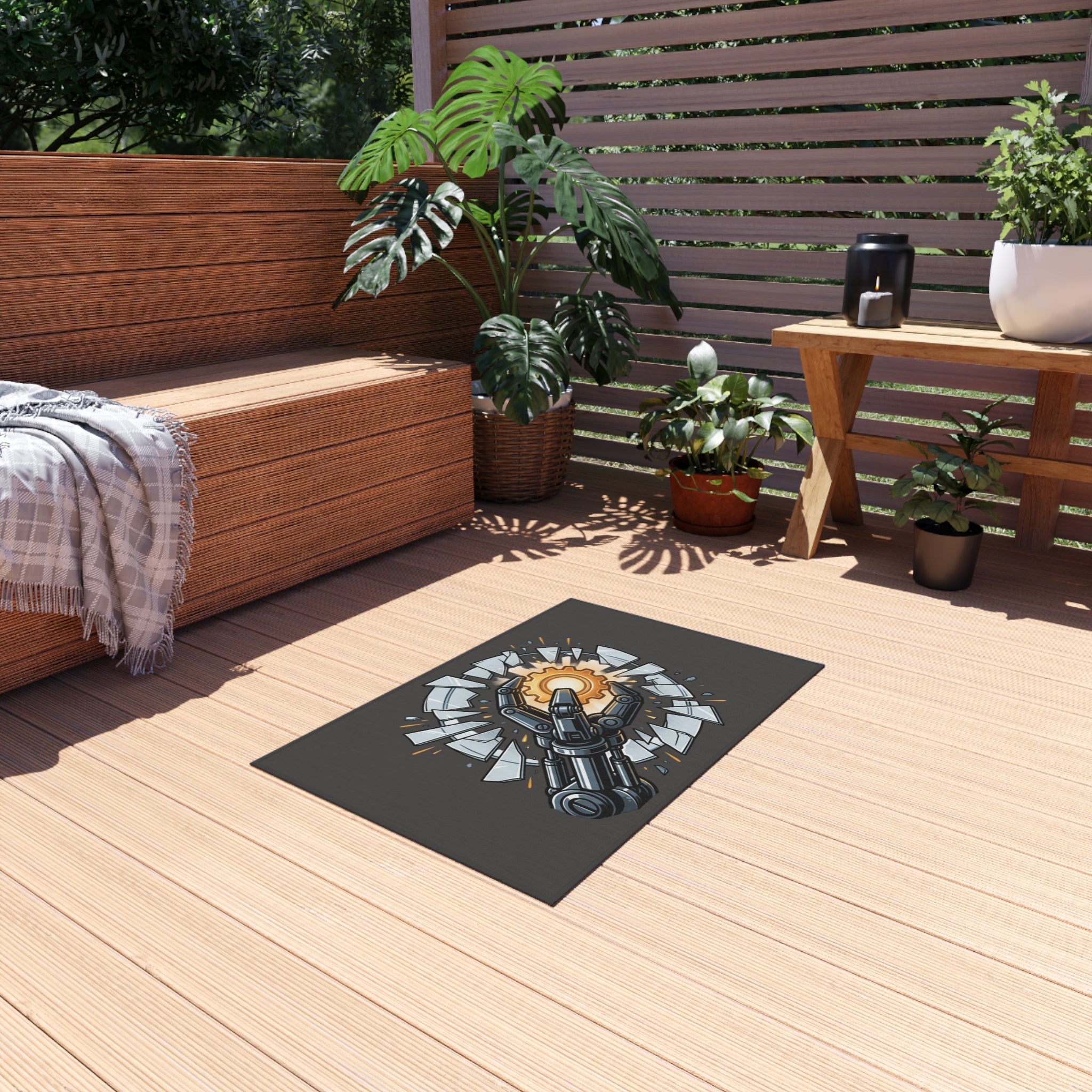 Outdoor Rug — Robotic Hand Breaking Through with Gear Accent