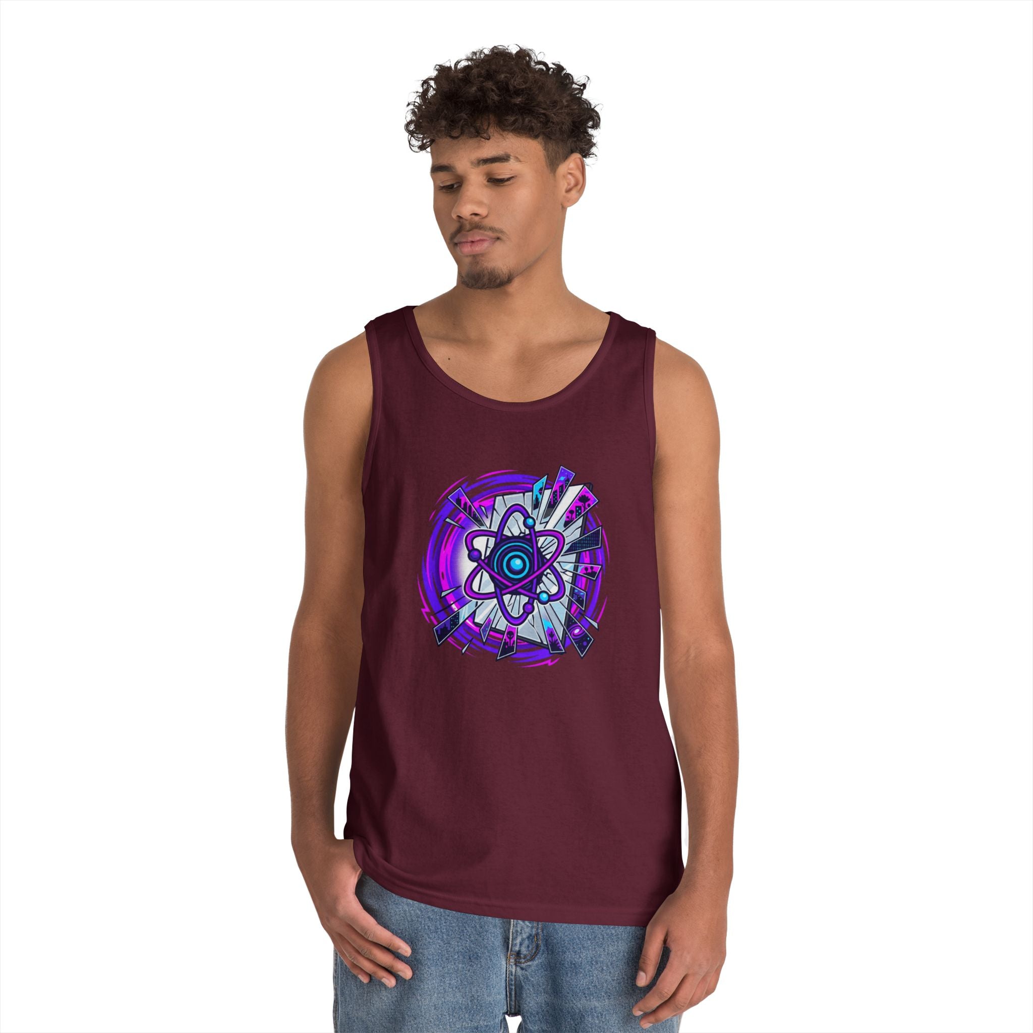 Atomic Vibe Tank Top — Neon Purple Science Atom Graphic