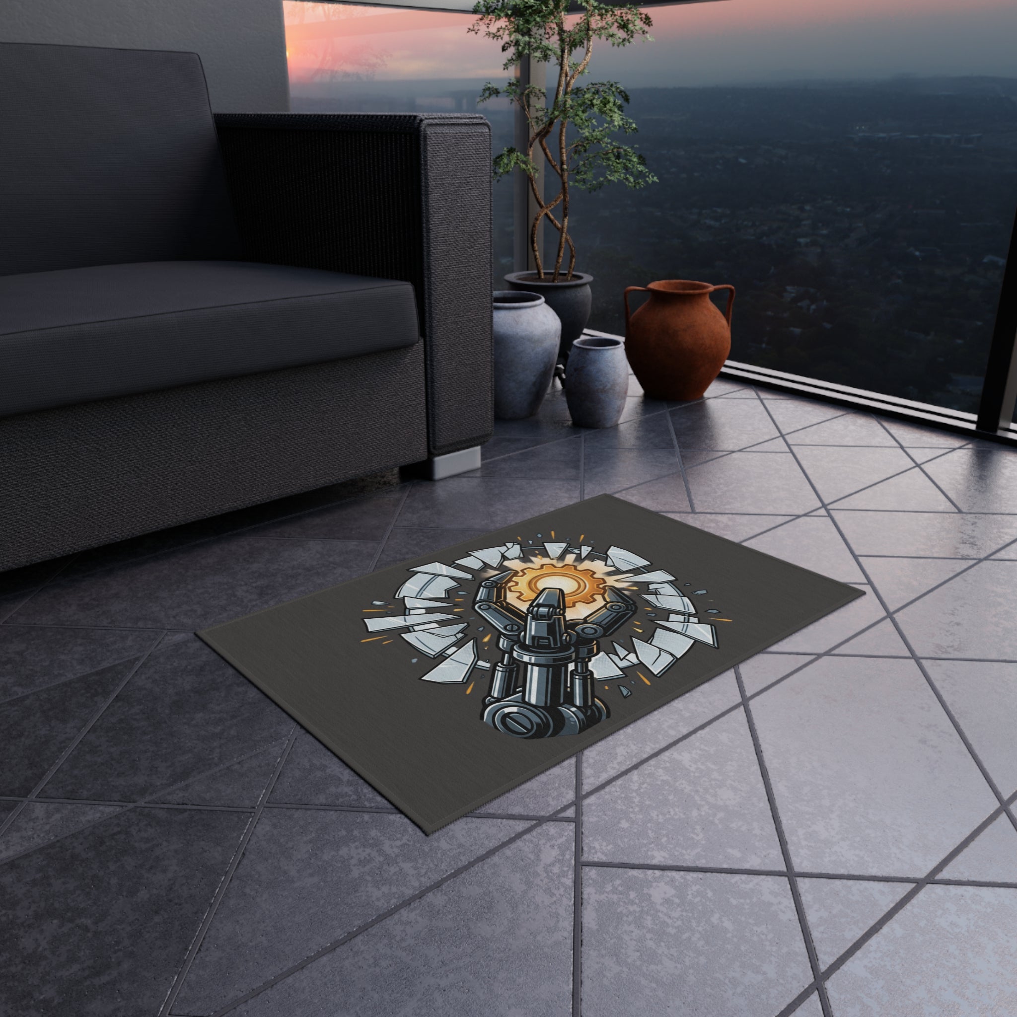 Outdoor Rug — Robotic Hand Breaking Through with Gear Accent