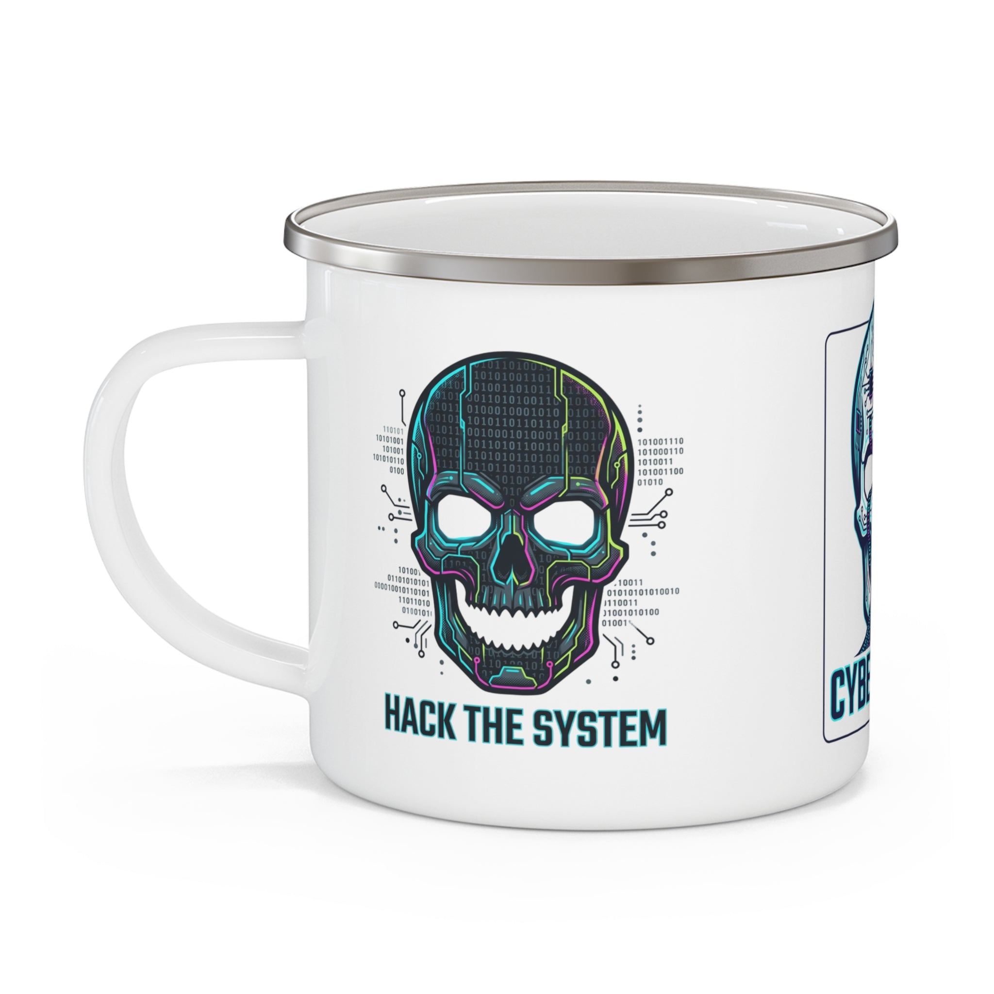 Enamel Mug — Cybersecure Skull Camping Mug (Hack the System)