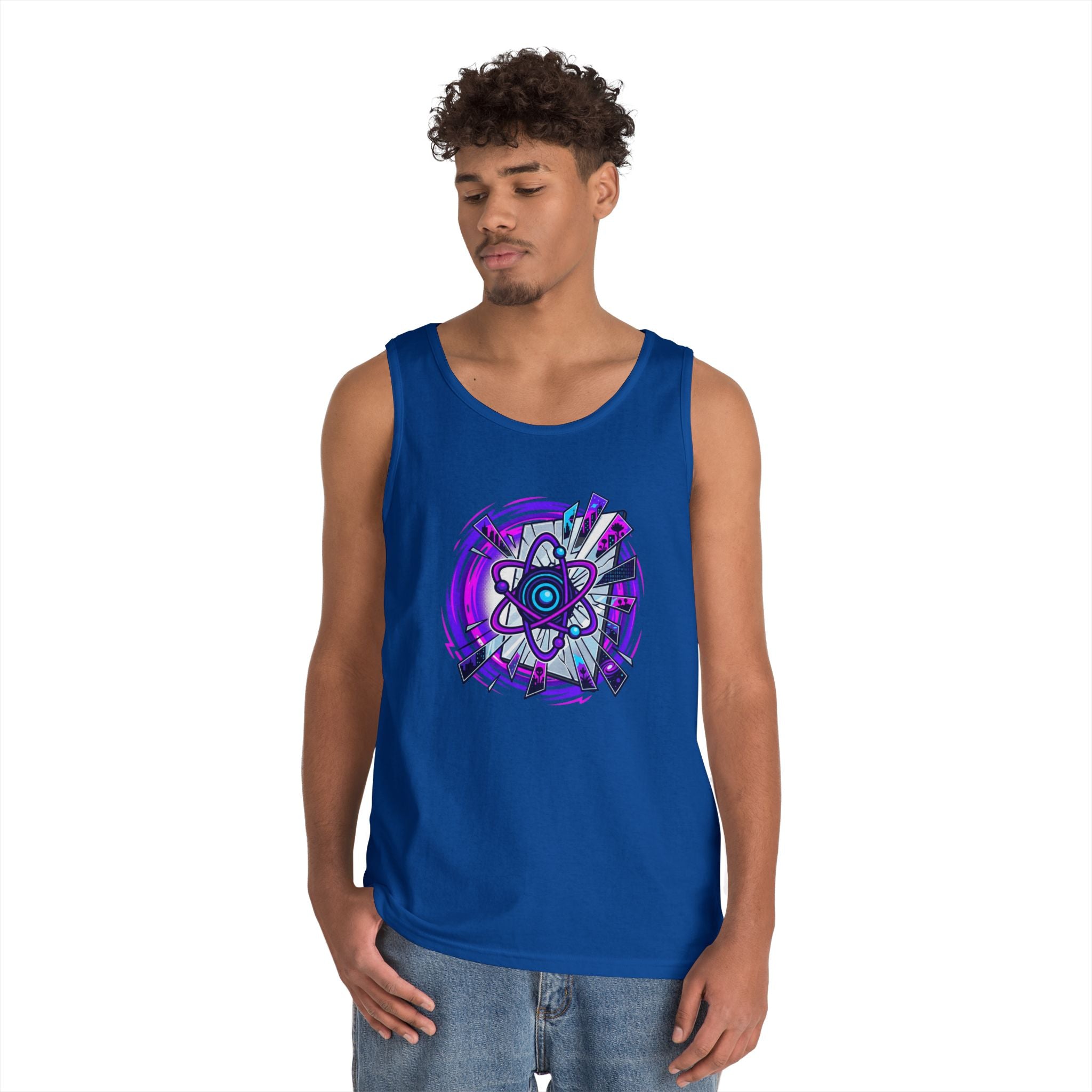 Atomic Vibe Tank Top — Neon Purple Science Atom Graphic