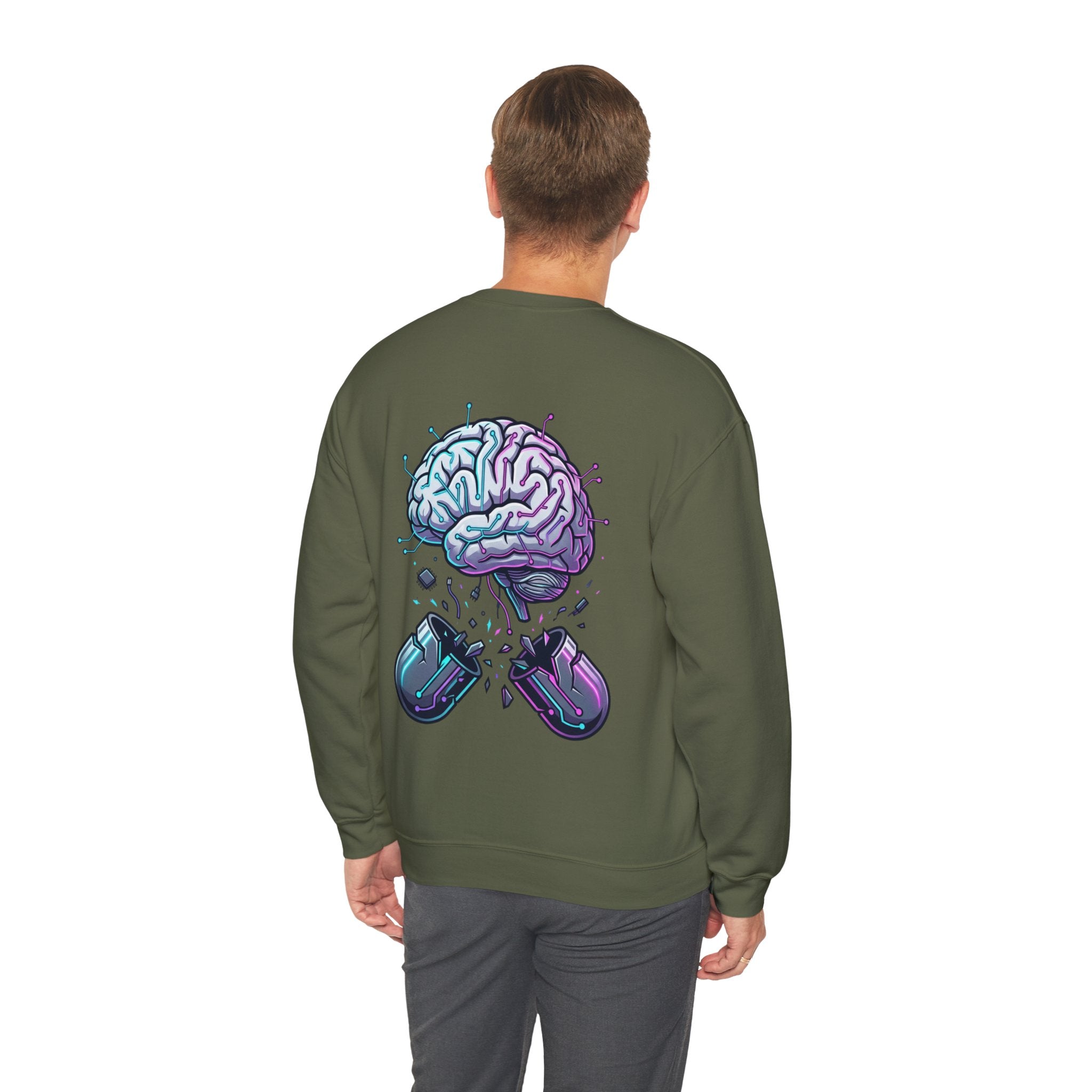 Crewneck Sweatshirt — Vaporwave Brain & Broken Mouse Graphic