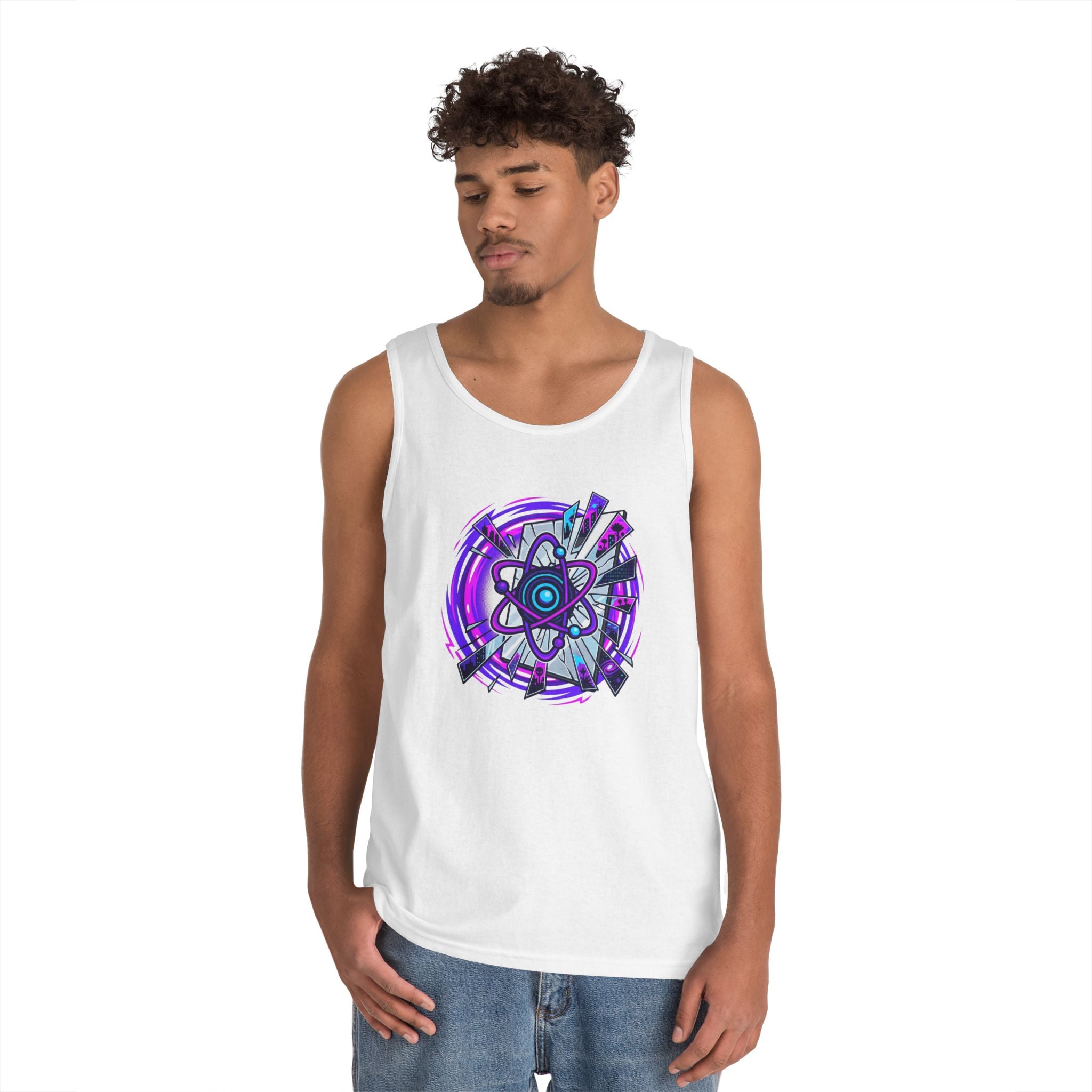 Atomic Vibe Tank Top — Neon Purple Science Atom Graphic