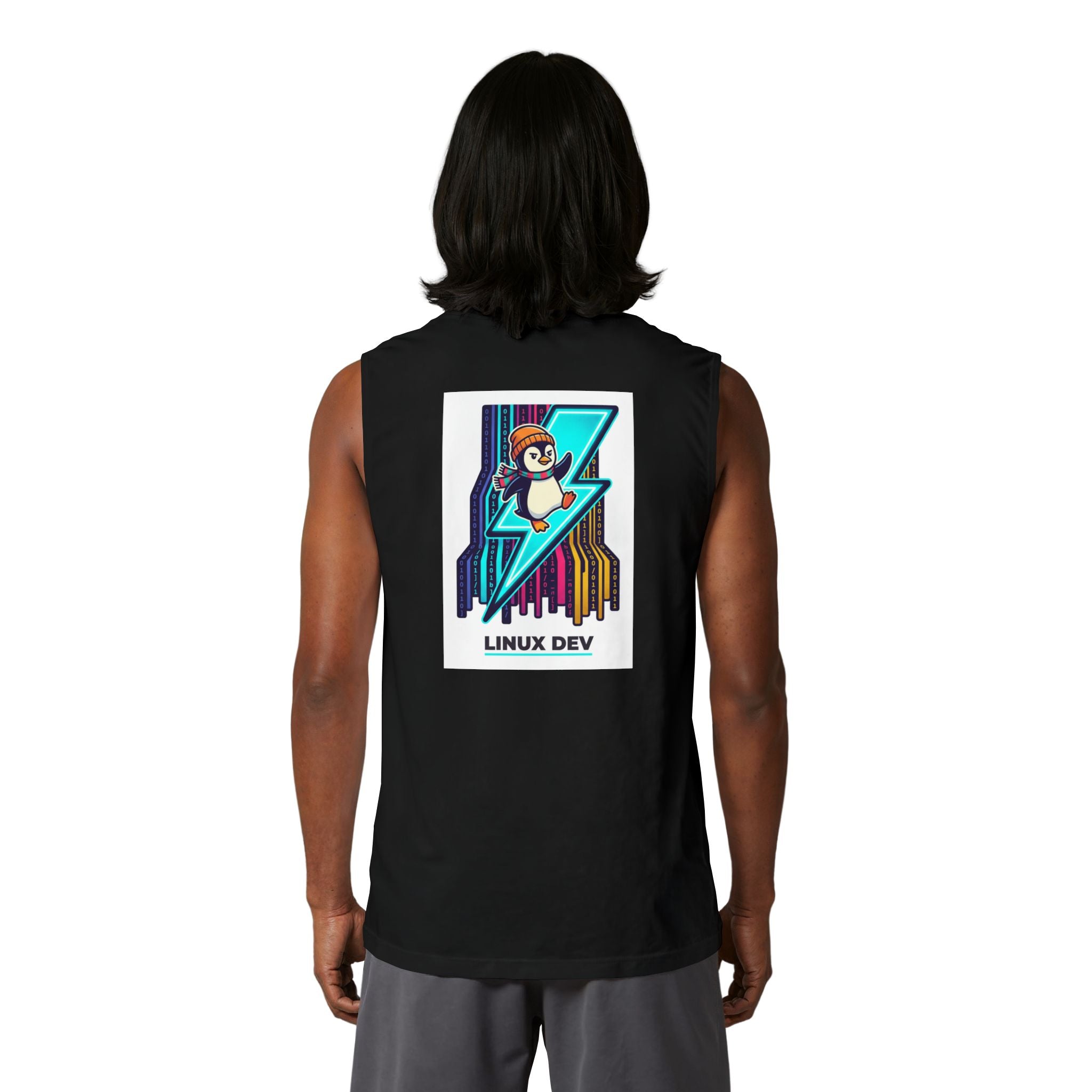 Linux Dev Penguin Muscle Tank — Retro Lightning Tech Tank Top
