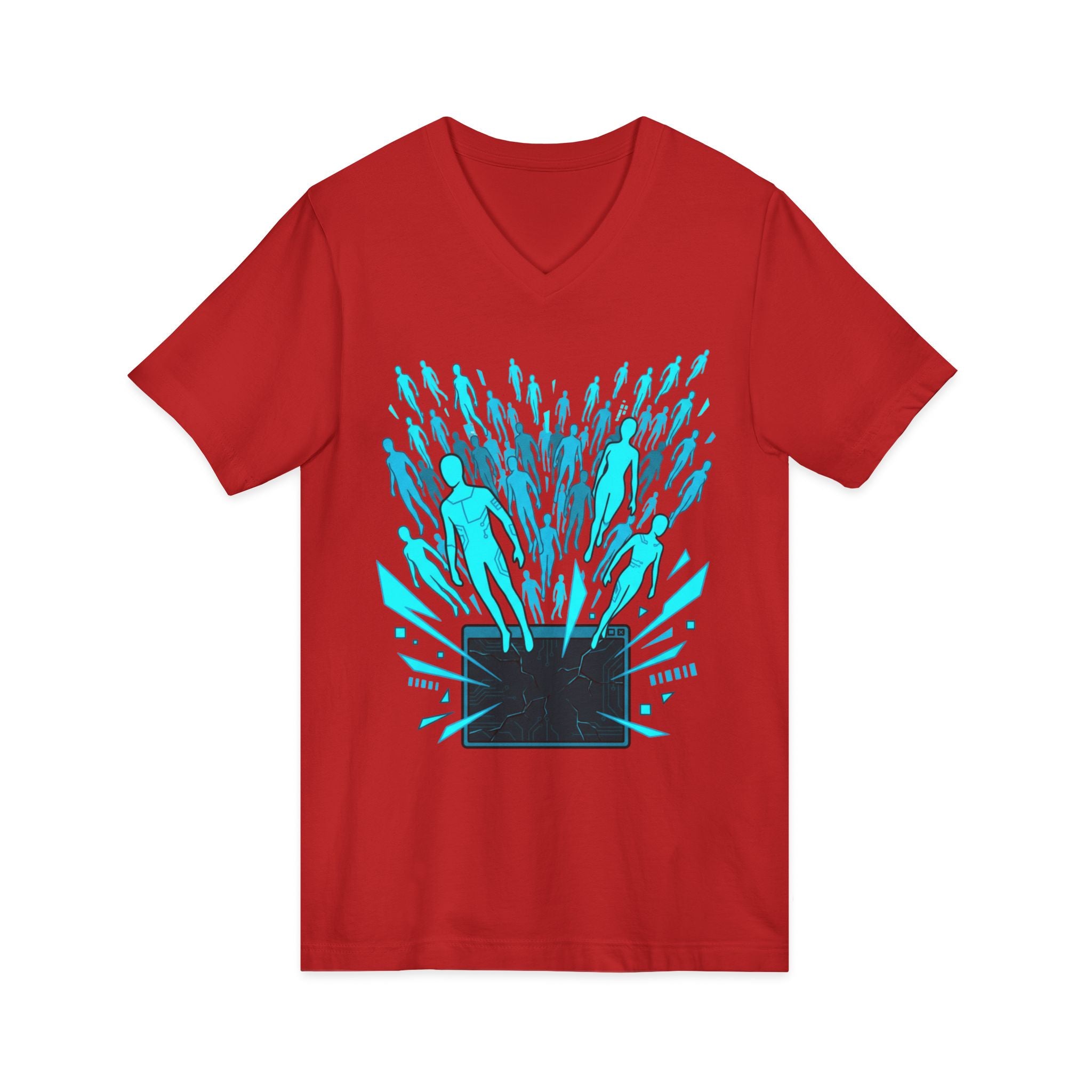 Tech Escape V‑Neck Tee — Laptop Breakout Graphic Shirt