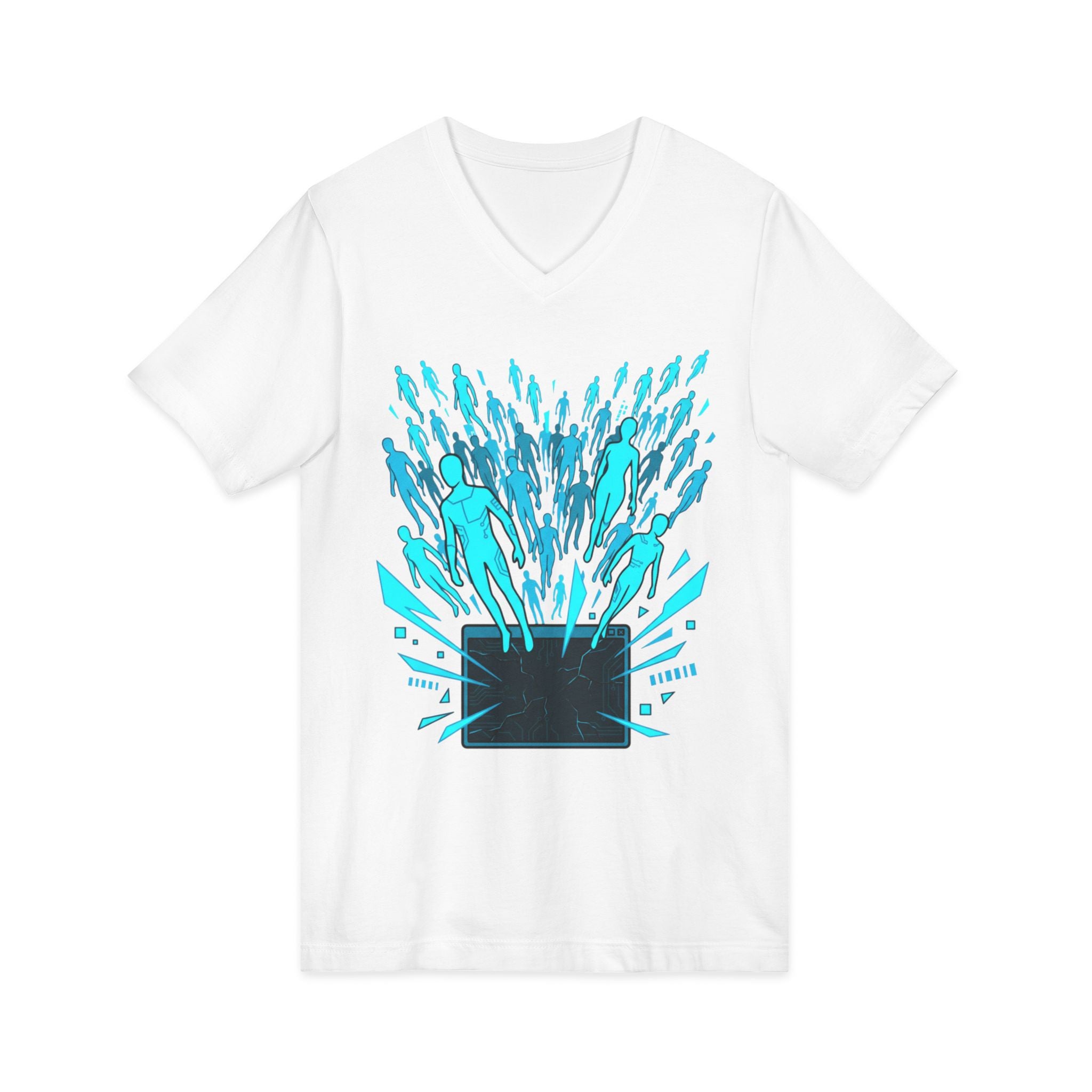 Tech Escape V‑Neck Tee — Laptop Breakout Graphic Shirt