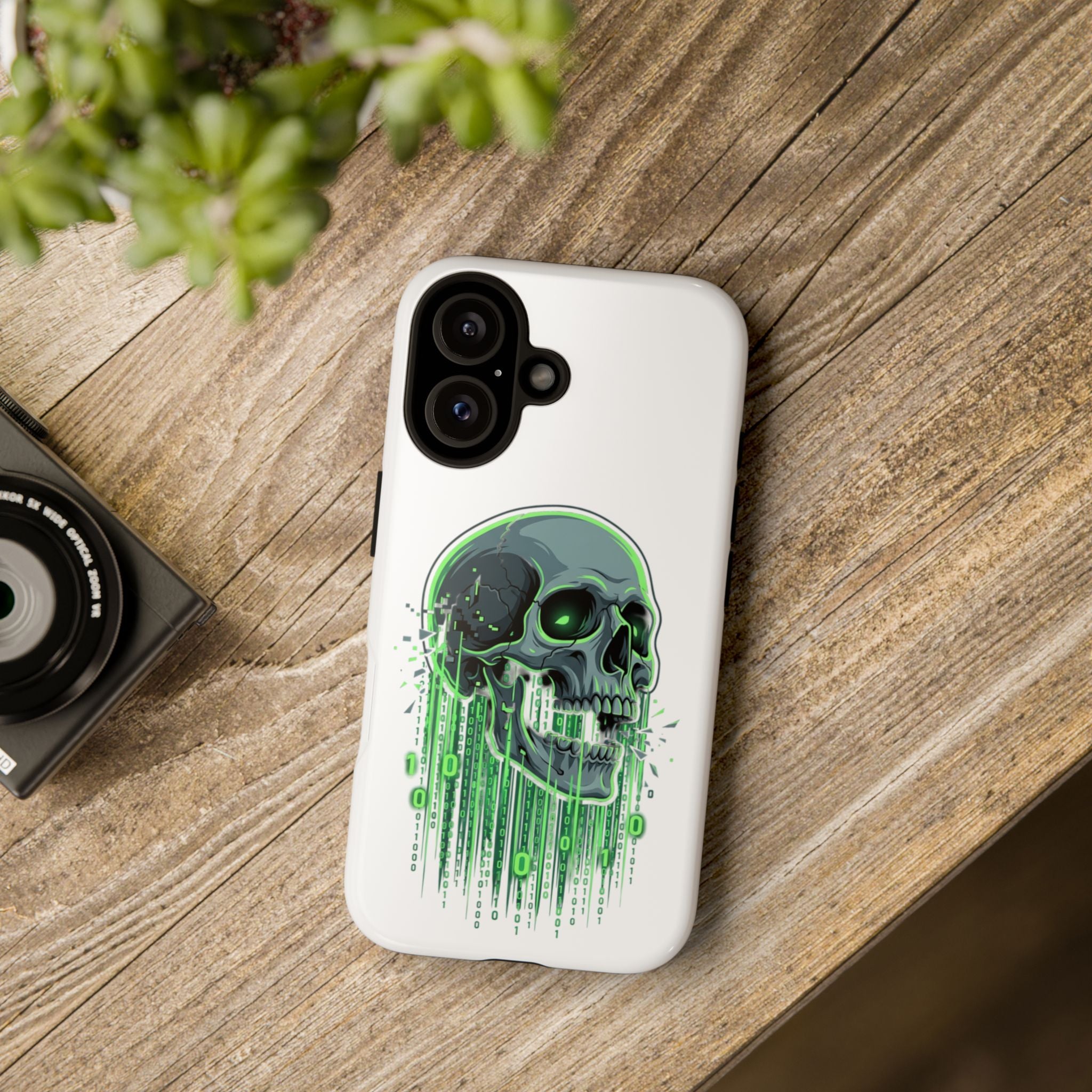 Skull Matrix Phone Case — Neon Green Cyberpunk Protective Case