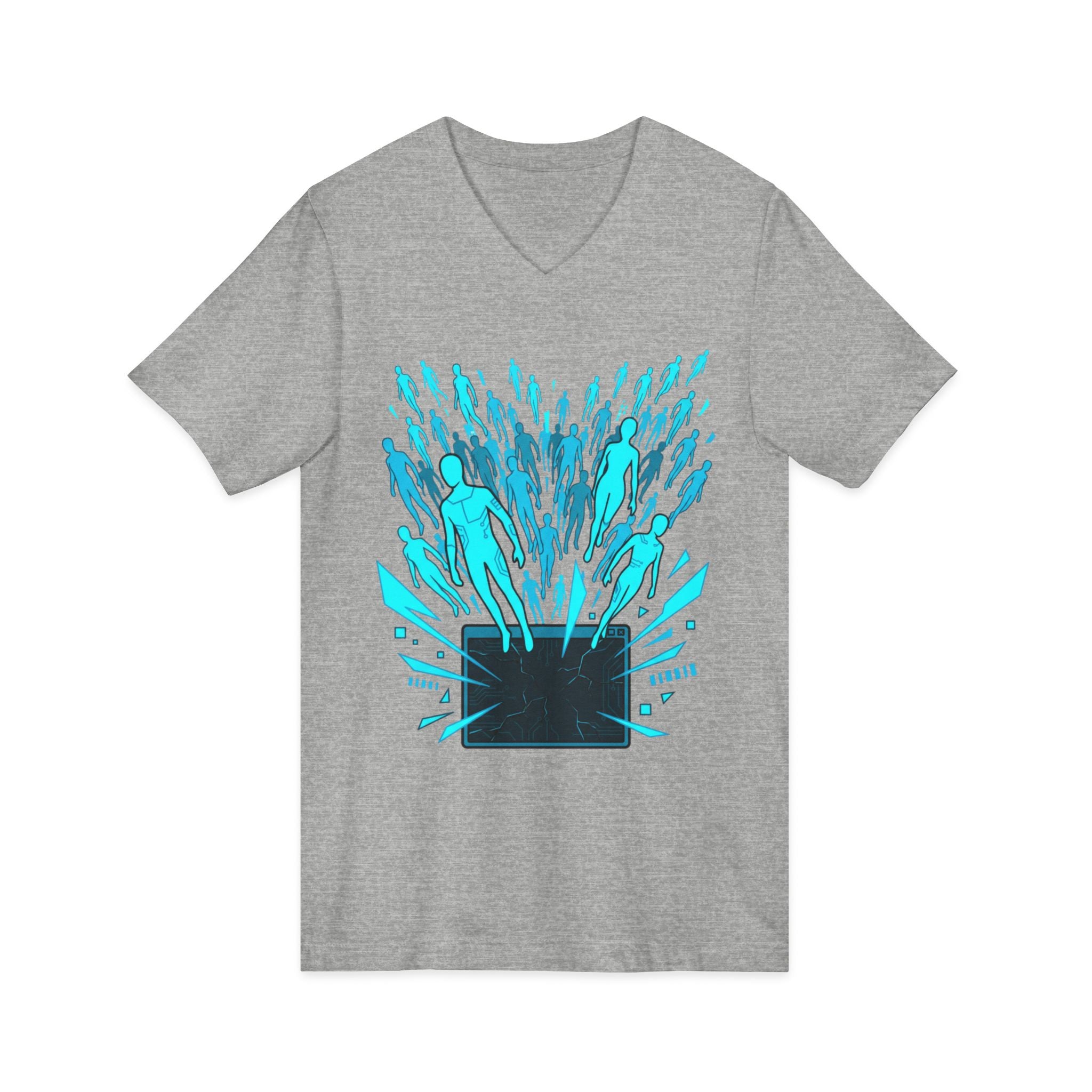Tech Escape V‑Neck Tee — Laptop Breakout Graphic Shirt