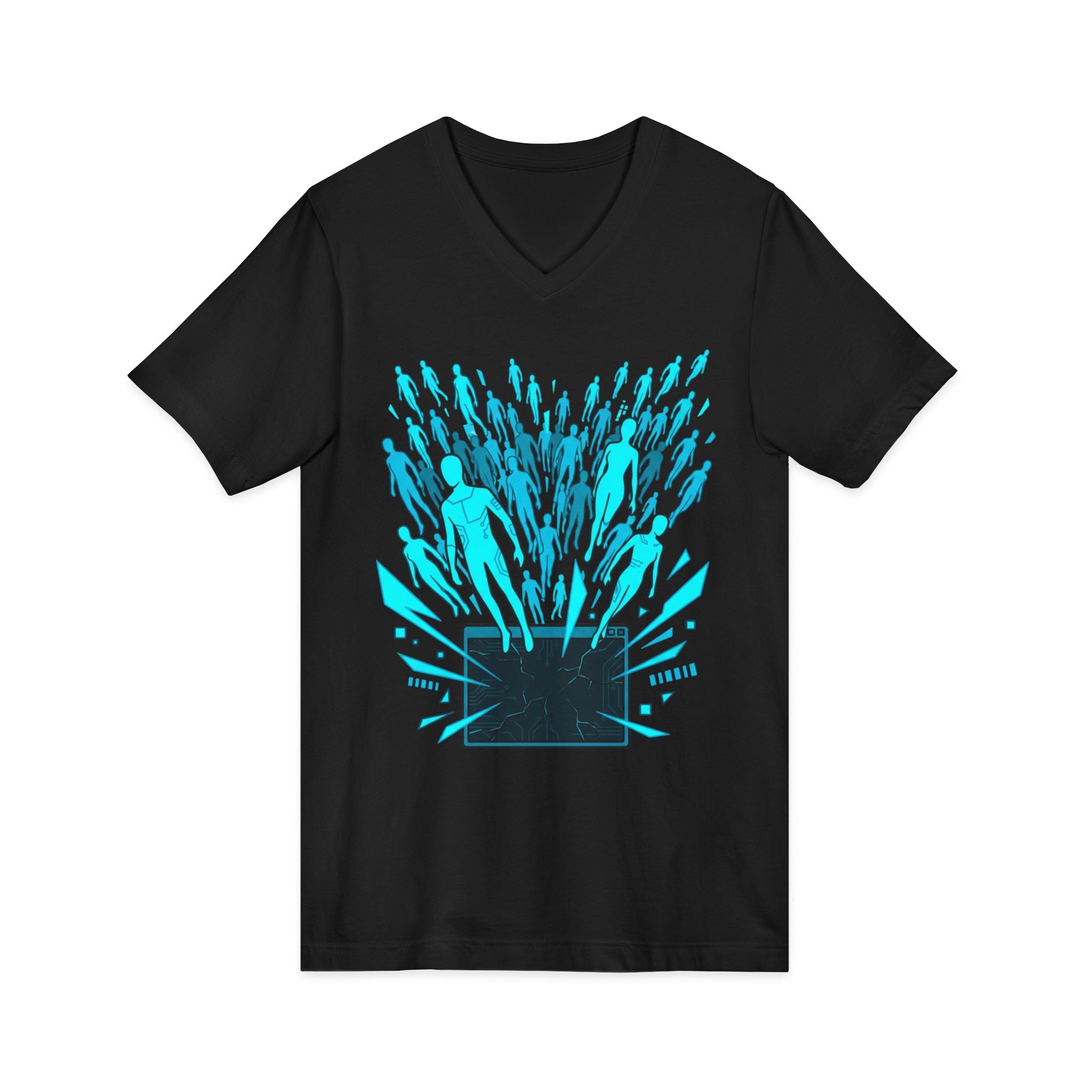 Tech Escape V‑Neck Tee — Laptop Breakout Graphic Shirt