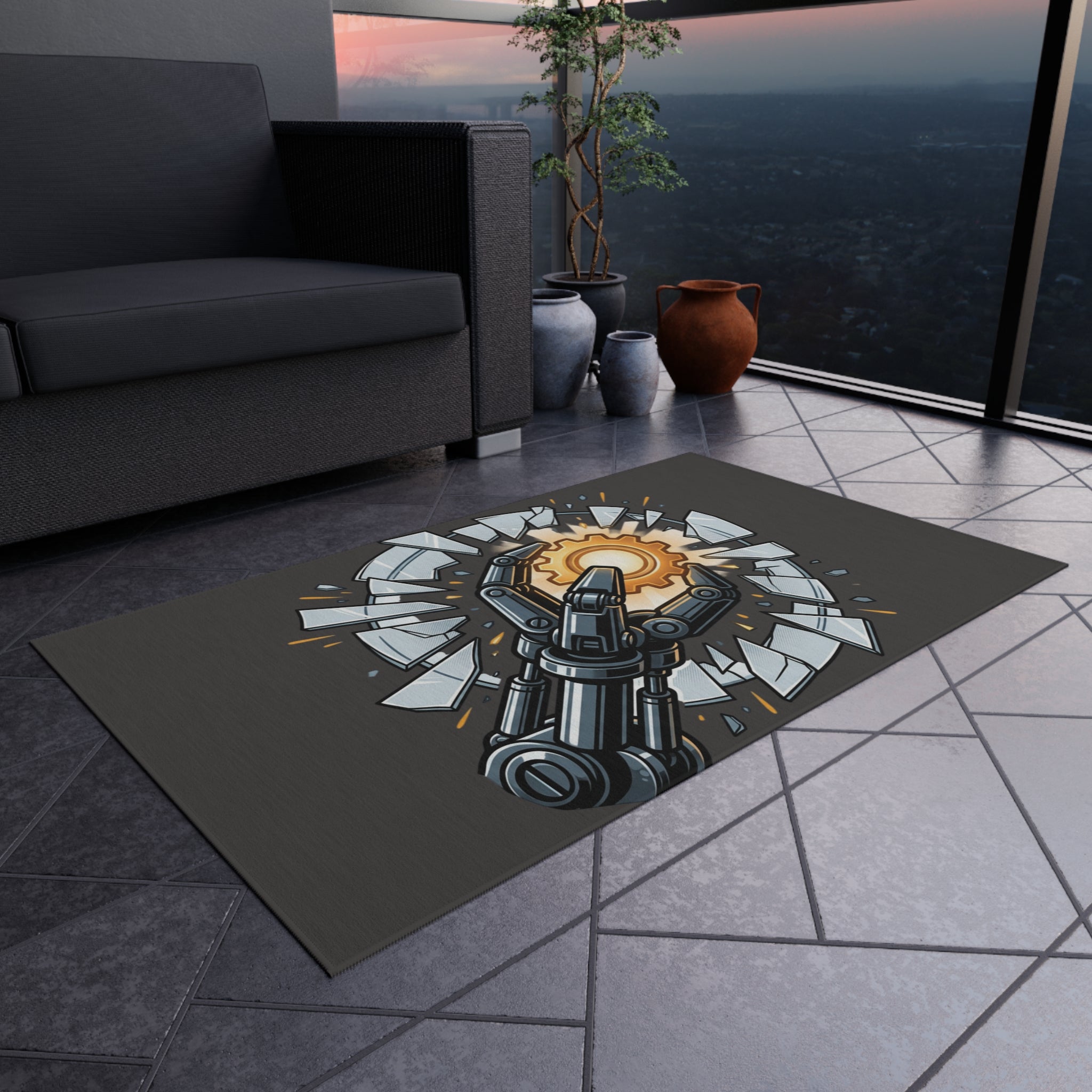 Outdoor Rug — Robotic Hand Breaking Through with Gear Accent