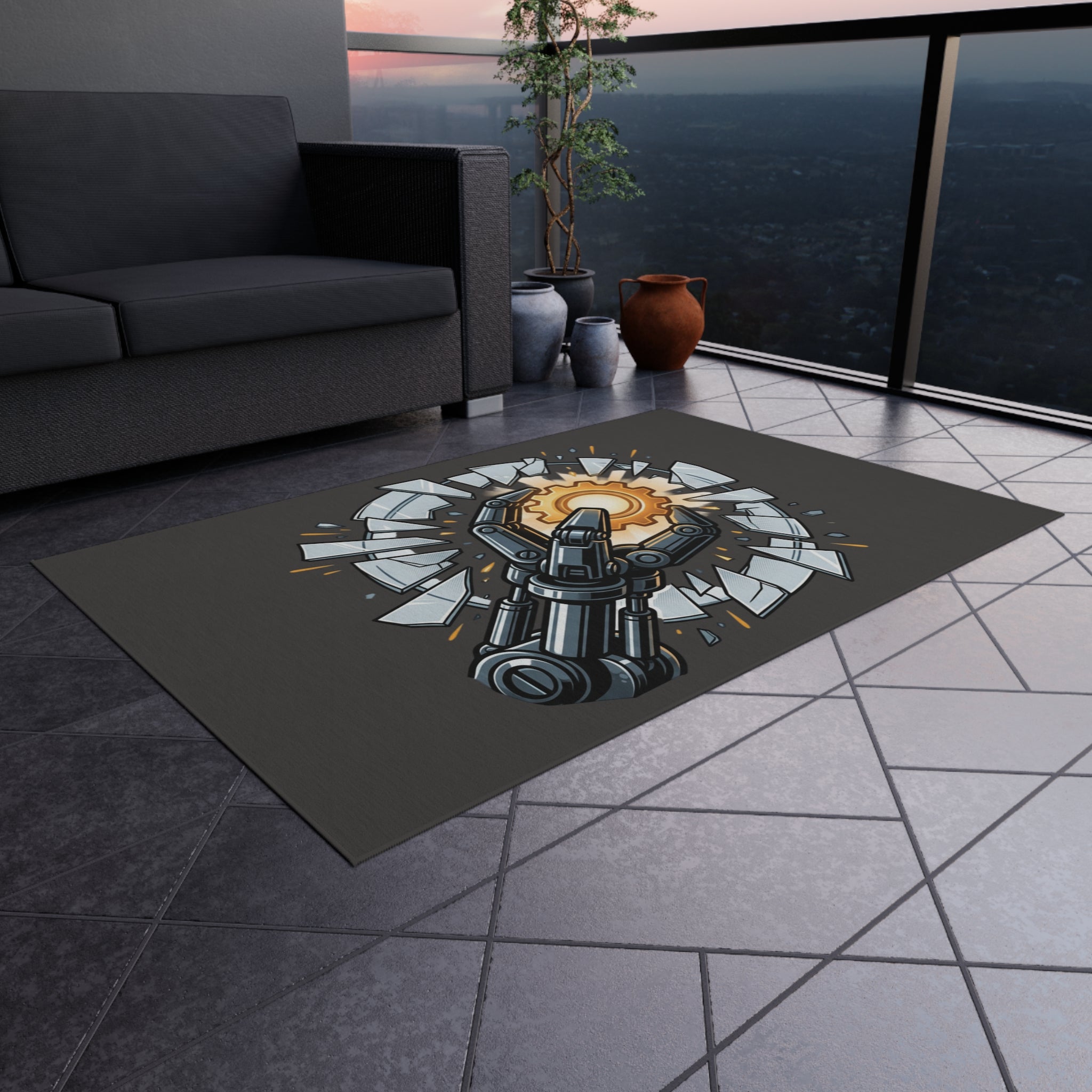 Outdoor Rug — Robotic Hand Breaking Through with Gear Accent