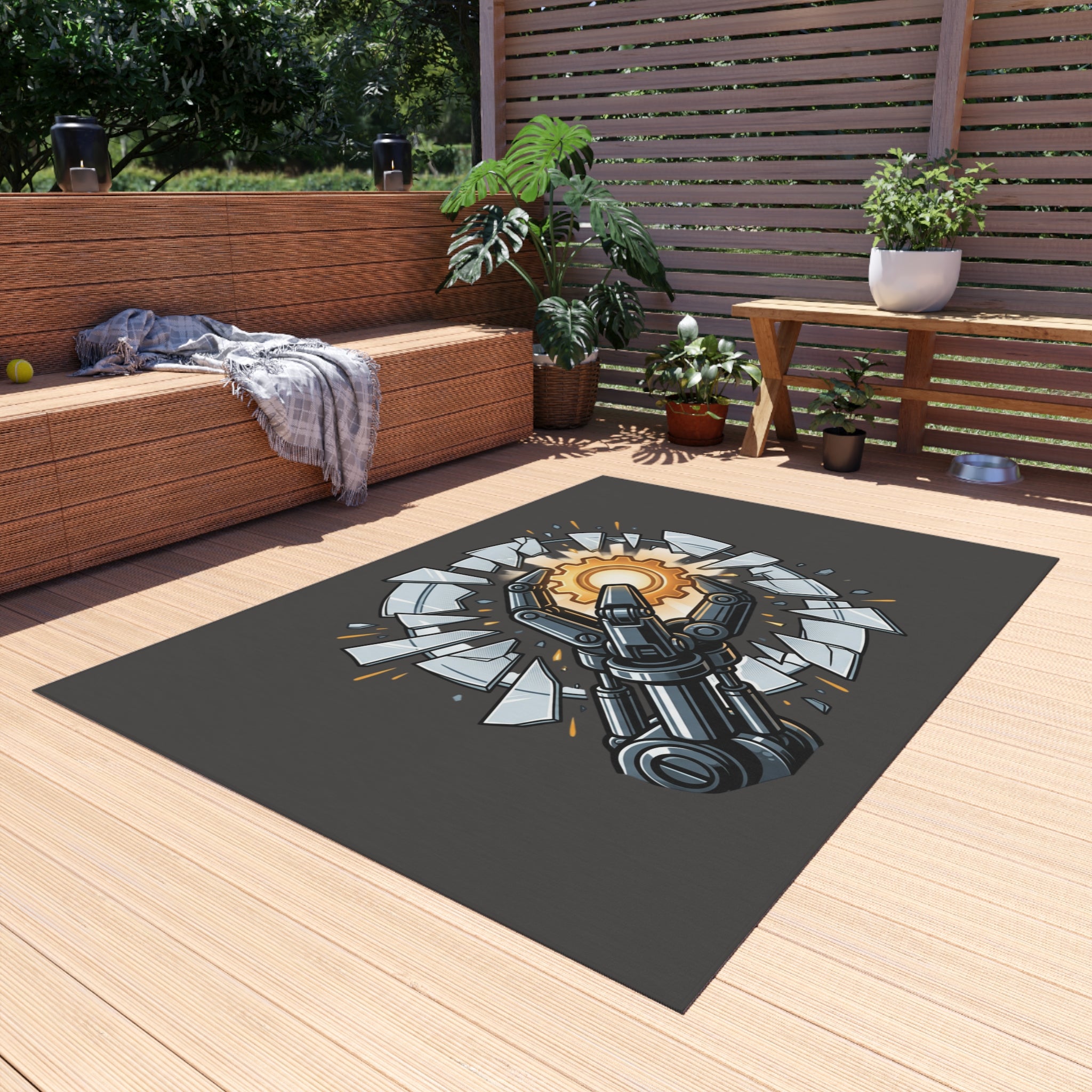 Outdoor Rug — Robotic Hand Breaking Through with Gear Accent