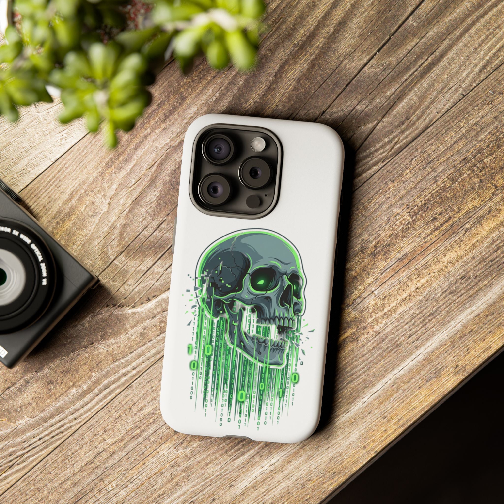 Skull Matrix Phone Case — Neon Green Cyberpunk Protective Case