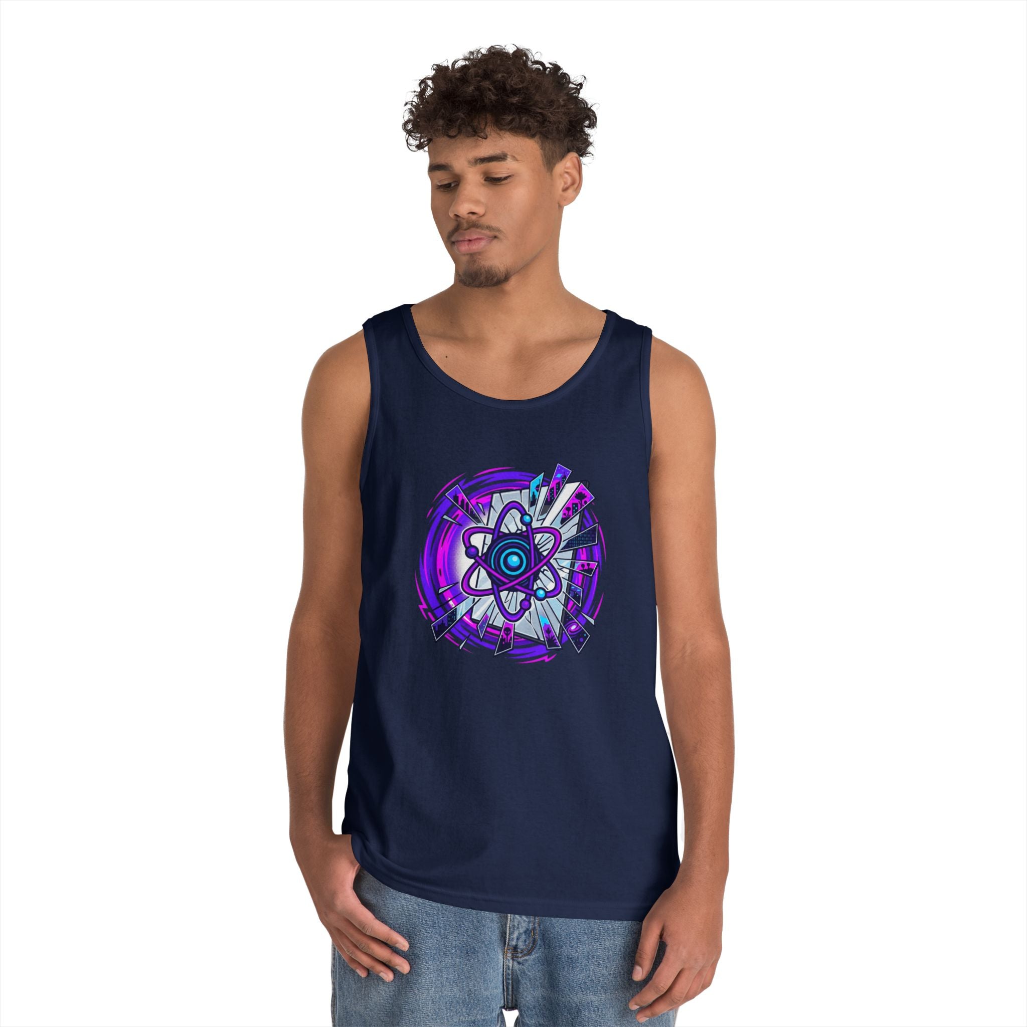 Atomic Vibe Tank Top — Neon Purple Science Atom Graphic