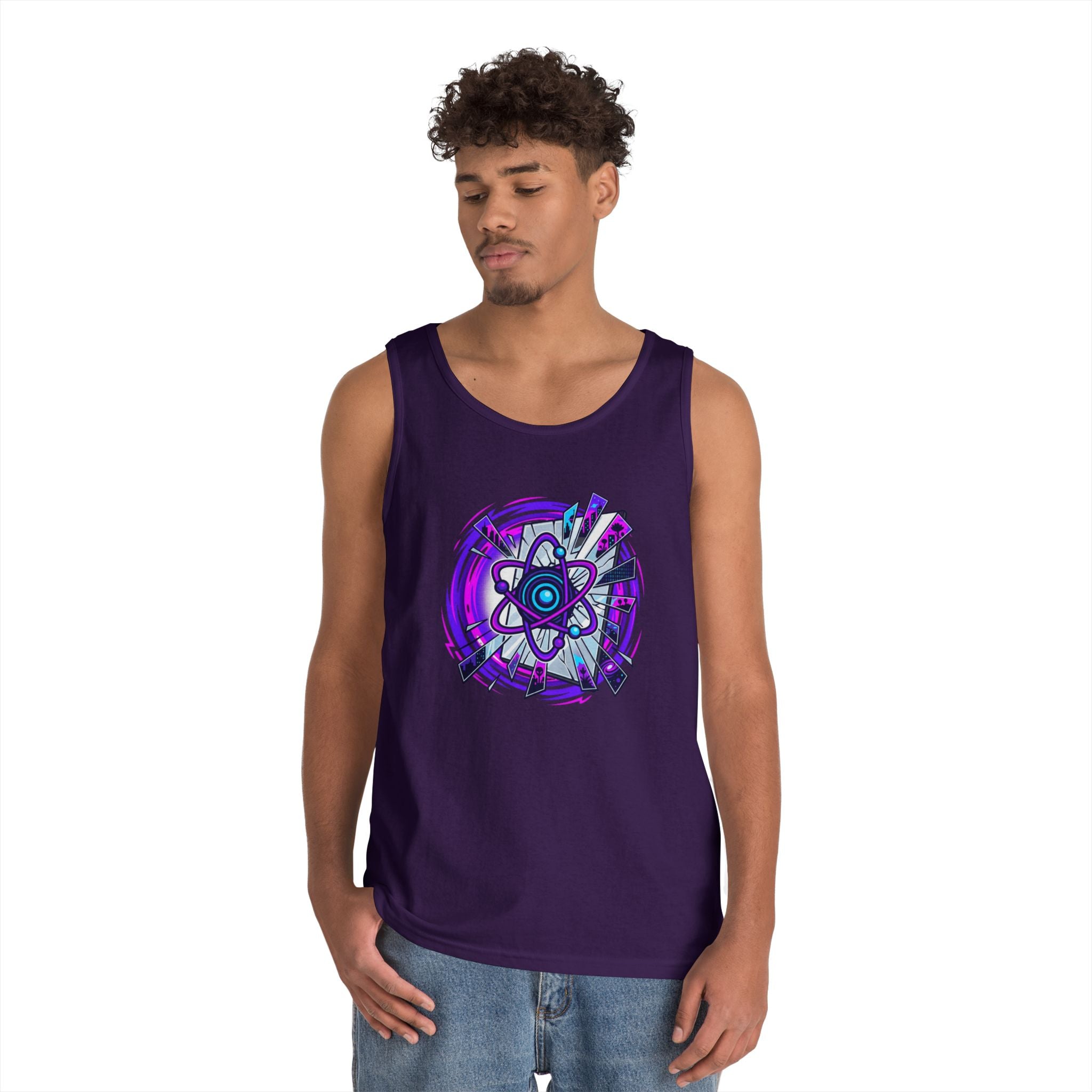 Atomic Vibe Tank Top — Neon Purple Science Atom Graphic