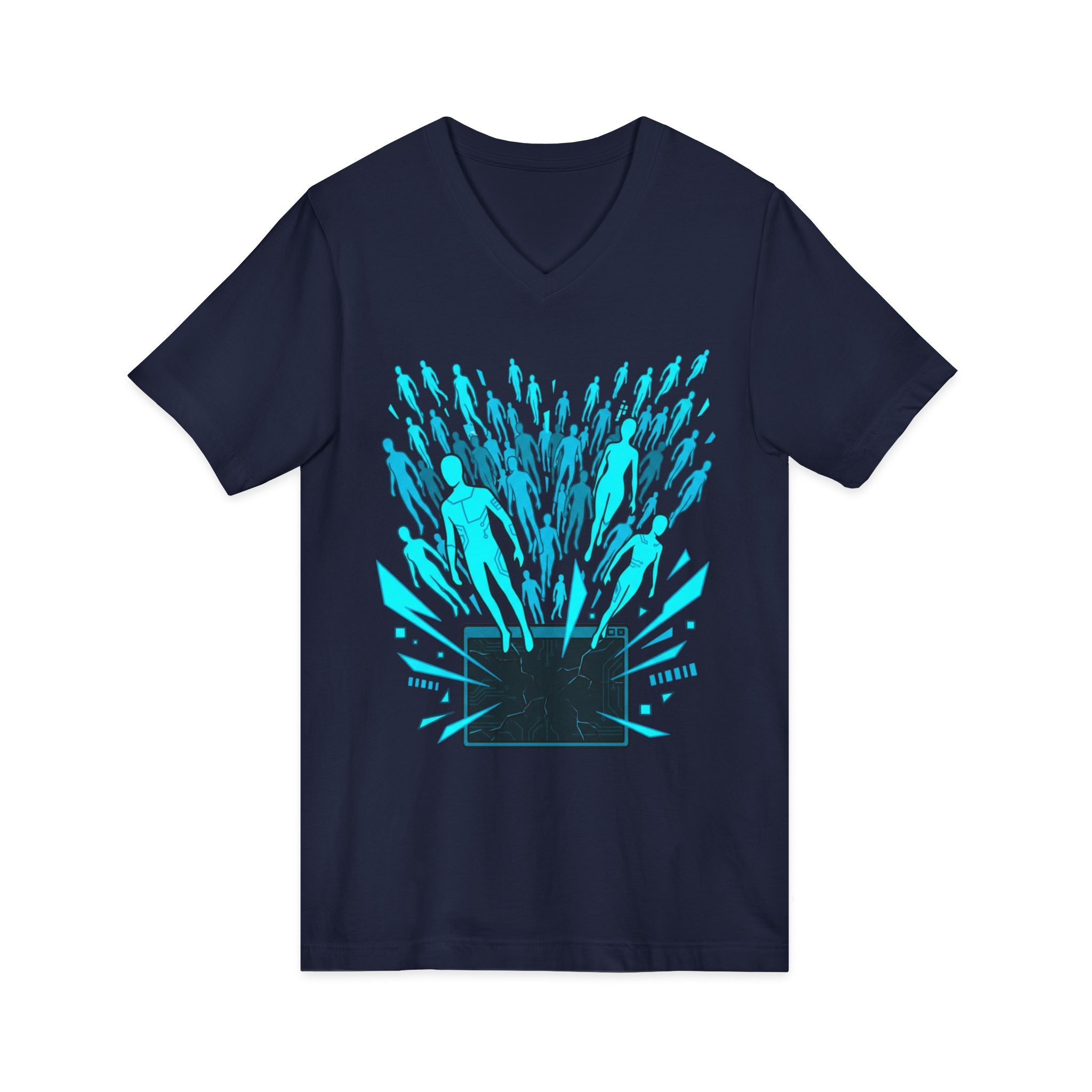 Tech Escape V‑Neck Tee — Laptop Breakout Graphic Shirt